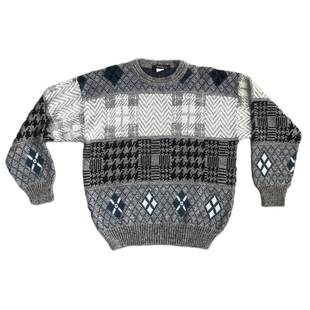 Vintage Architect Mens‎ Sweater Gray Wool Blend Geometric Large Grandpa Italy